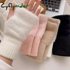 Cyflymder Mink Fleece Soft Winter Half Finger Gloves Women Warm Luxury Solid White Plush Knitted Fingerless Gloves