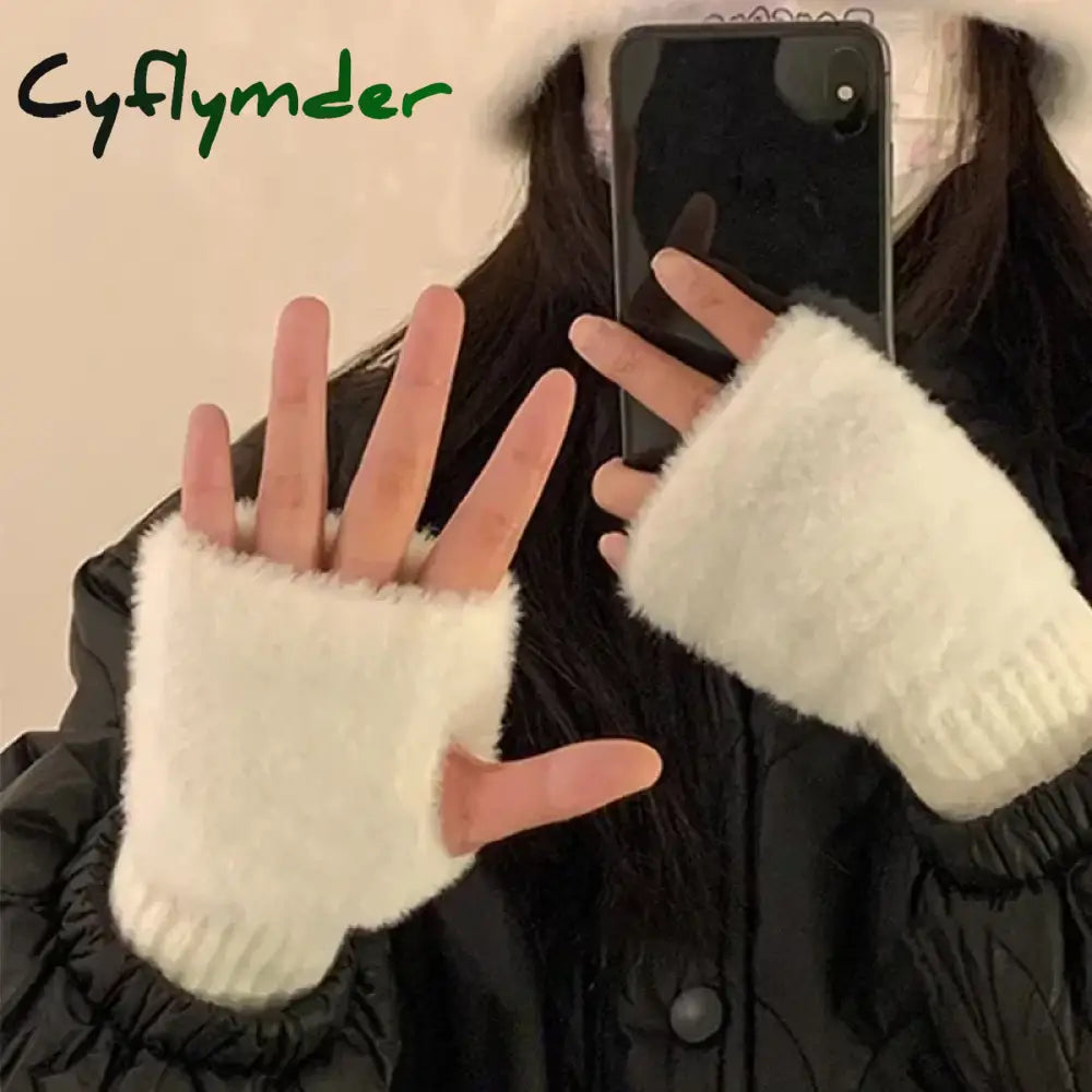 Cyflymder Mink Fleece Soft Winter Half Finger Gloves Women Warm Luxury Solid White Plush Knitted Fingerless Gloves