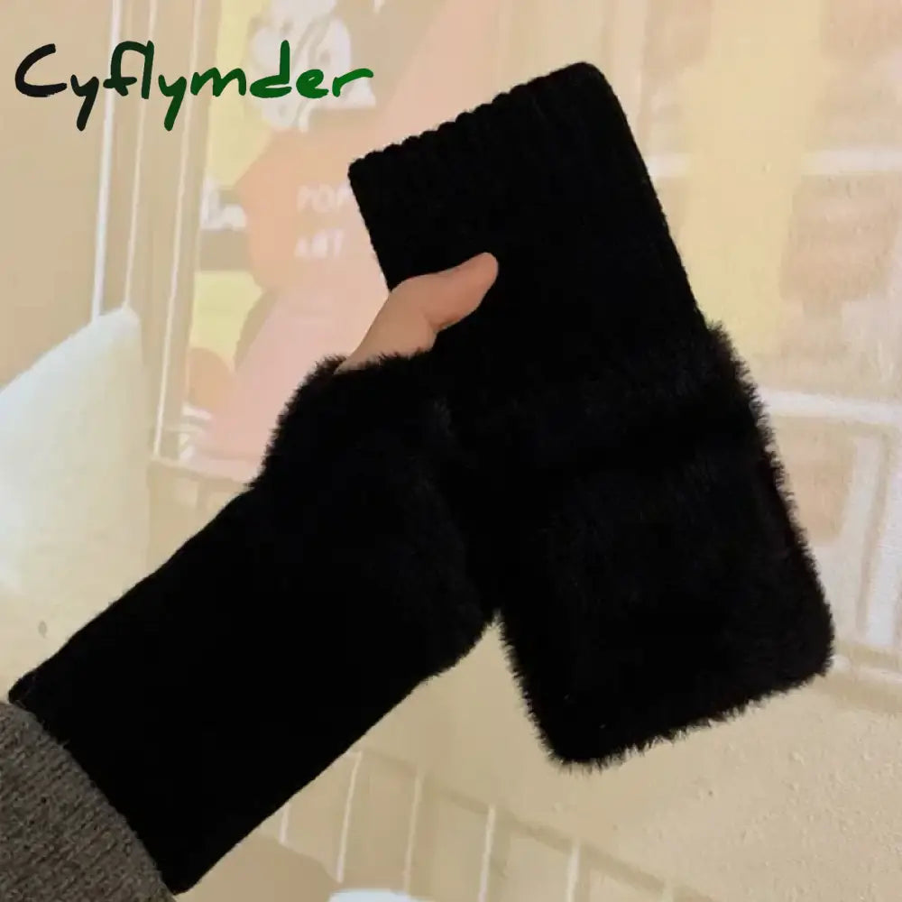 Cyflymder Mink Fleece Soft Winter Half Finger Gloves Women Warm Luxury Solid White Plush Knitted Fingerless Gloves