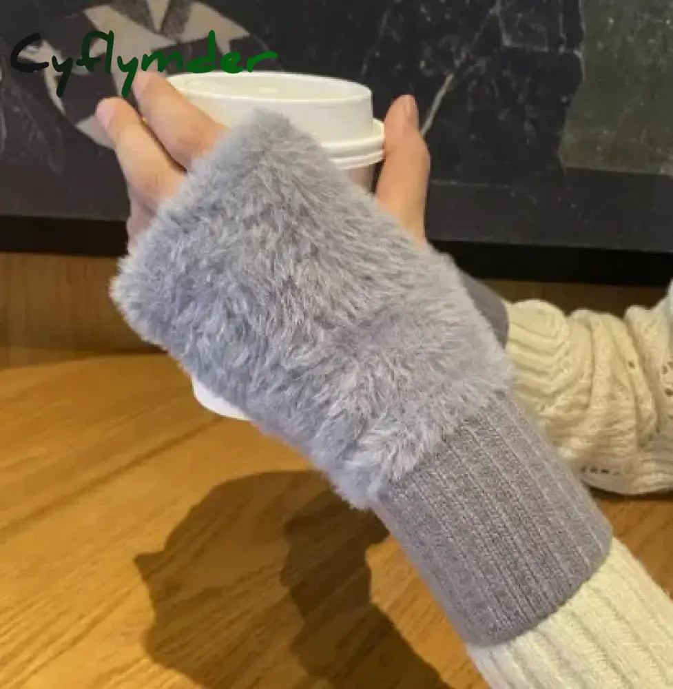 Cyflymder Mink Fleece Soft Winter Half Finger Gloves Women Warm Luxury Solid White Plush Knitted Fingerless Gloves