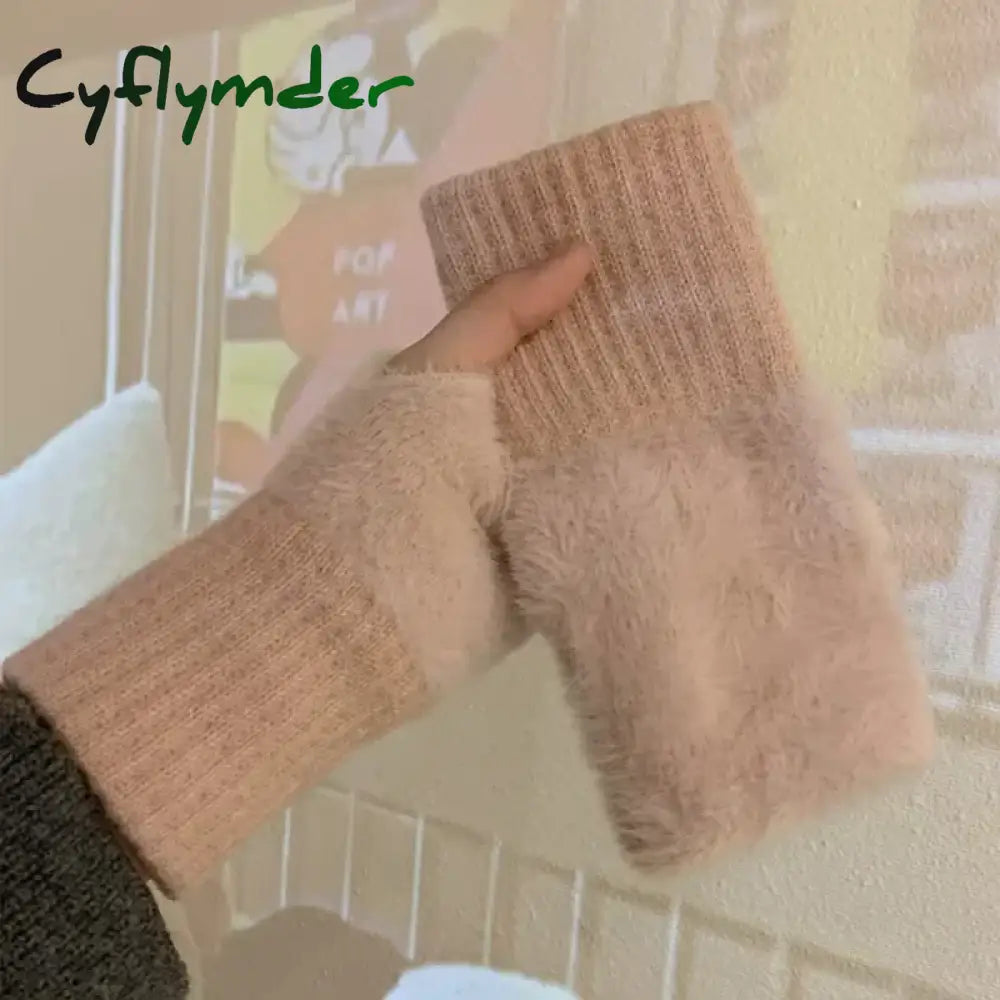 Cyflymder Mink Fleece Soft Winter Half Finger Gloves Women Warm Luxury Solid White Plush Knitted Fingerless Gloves