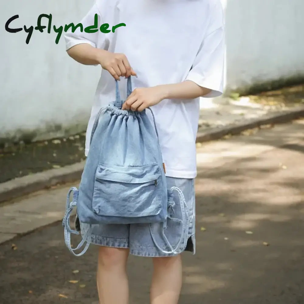 Cyflymder Mochila Washed Drawstring Canvas Bag for Women’s Retro Fashion Travel Backpack Unisex Solid Color Denim