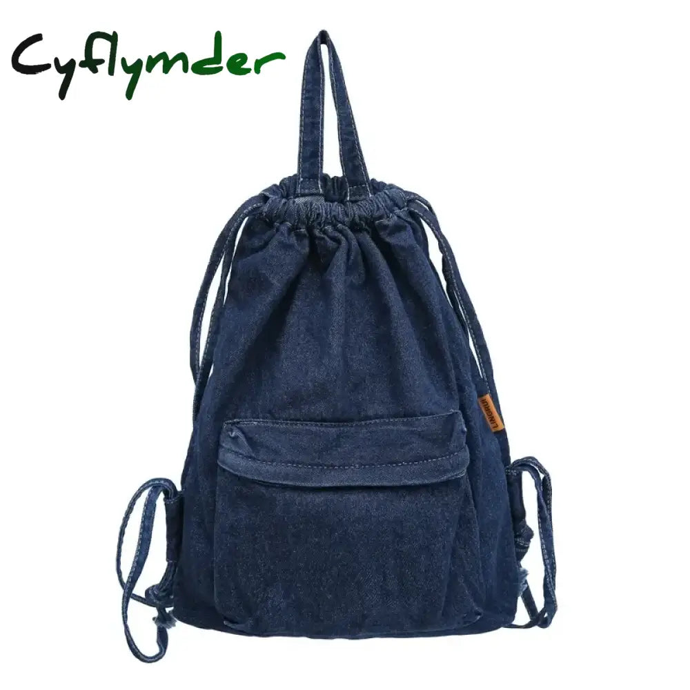 Cyflymder Mochila Washed Drawstring Canvas Bag for Women’s Retro Fashion Travel Backpack Unisex Solid Color Denim