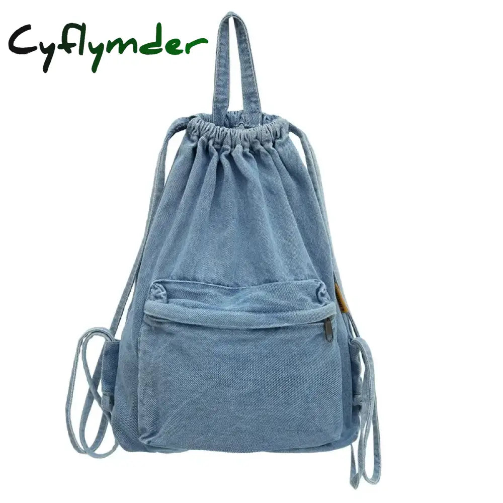 Cyflymder Mochila Washed Drawstring Canvas Bag for Women’s Retro Fashion Travel Backpack Unisex Solid Color Denim