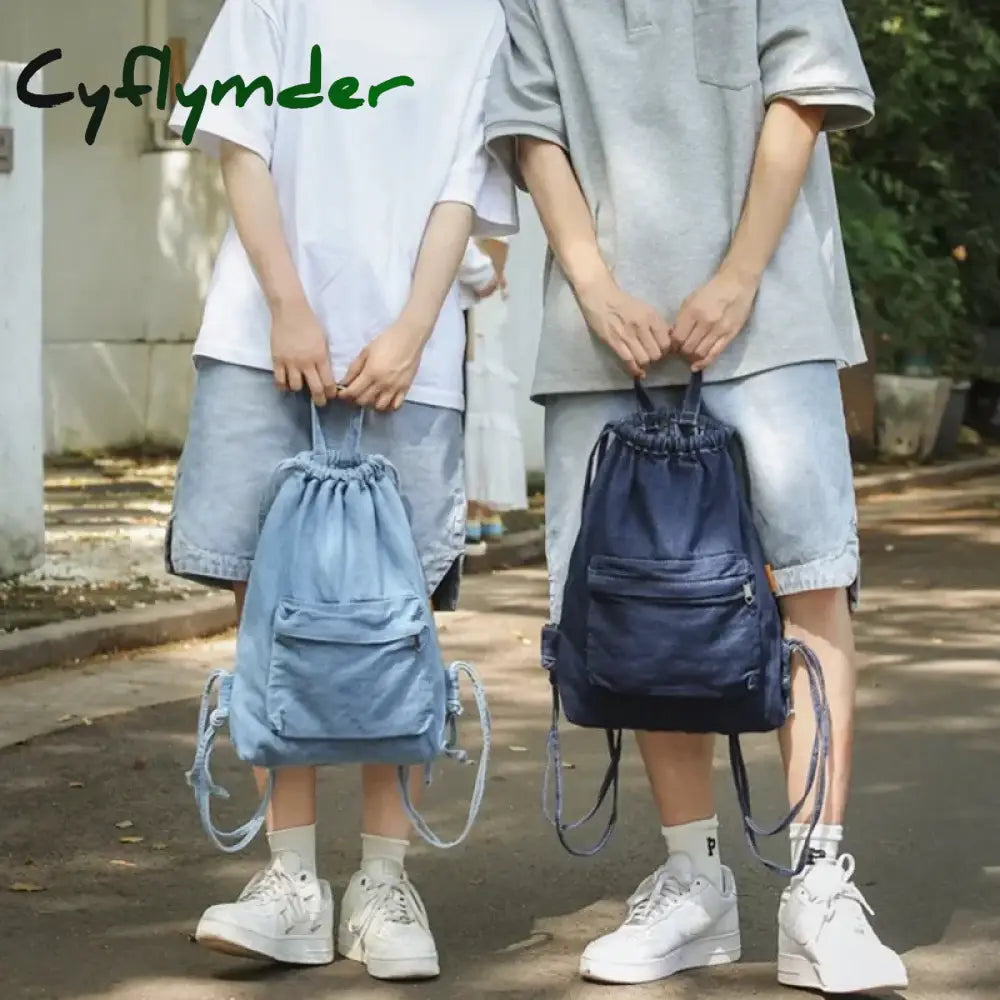 Cyflymder Mochila Washed Drawstring Canvas Bag for Women’s Retro Fashion Travel Backpack Unisex Solid Color Denim