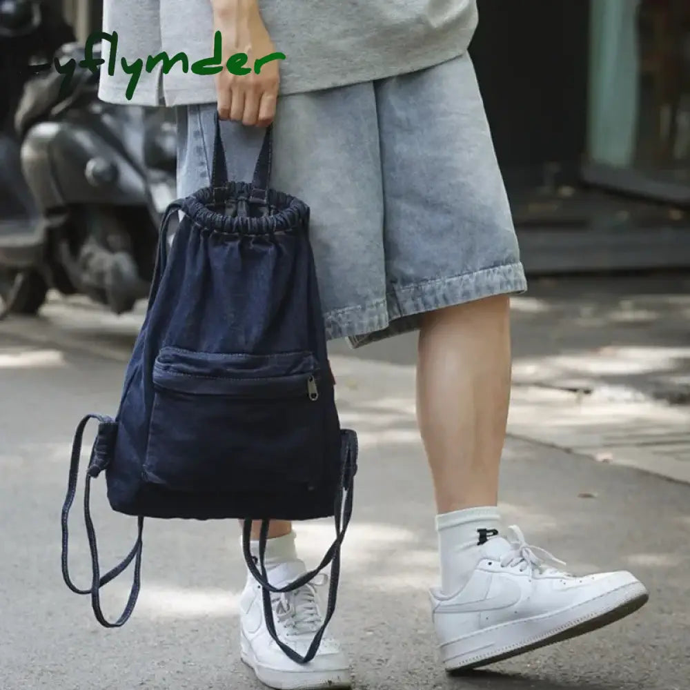 Cyflymder Mochila Washed Drawstring Canvas Bag for Women’s Retro Fashion Travel Backpack Unisex Solid Color Denim