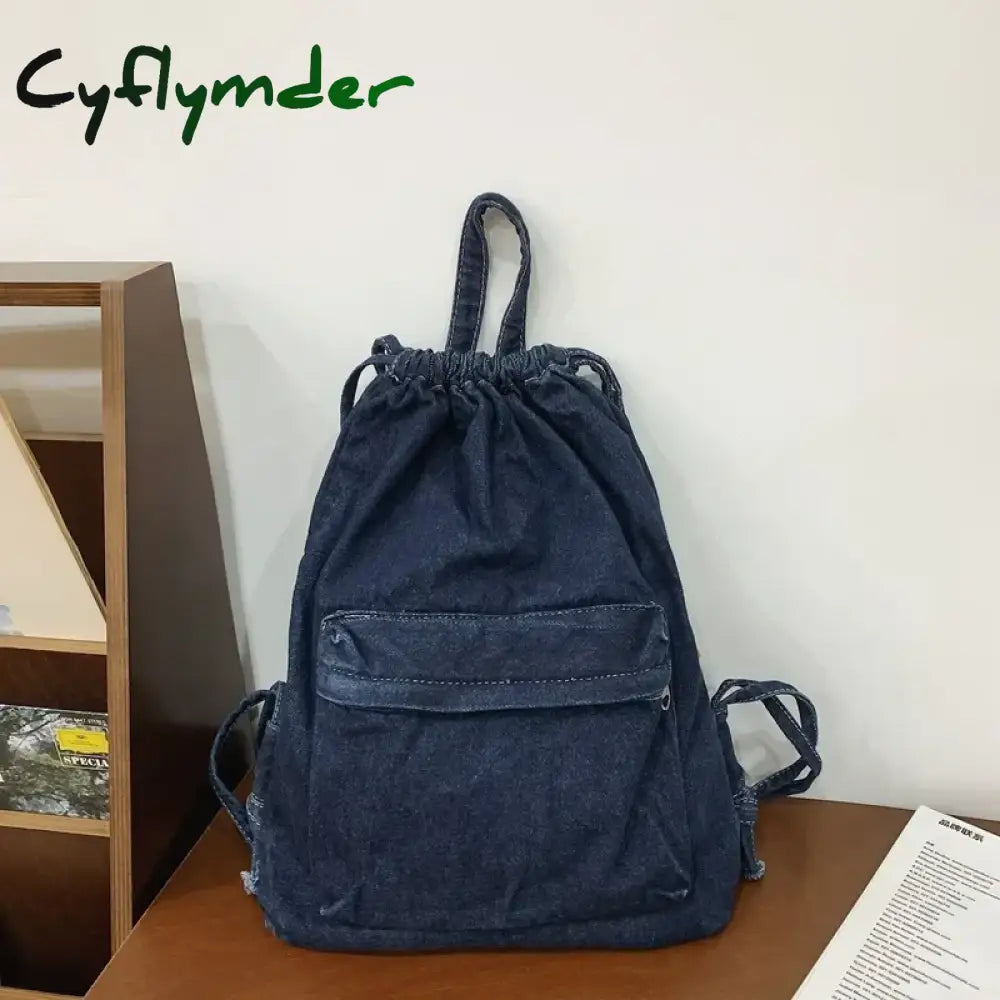 Cyflymder Mochila Washed Drawstring Canvas Bag for Women’s Retro Fashion Travel Backpack Unisex Solid Color Denim