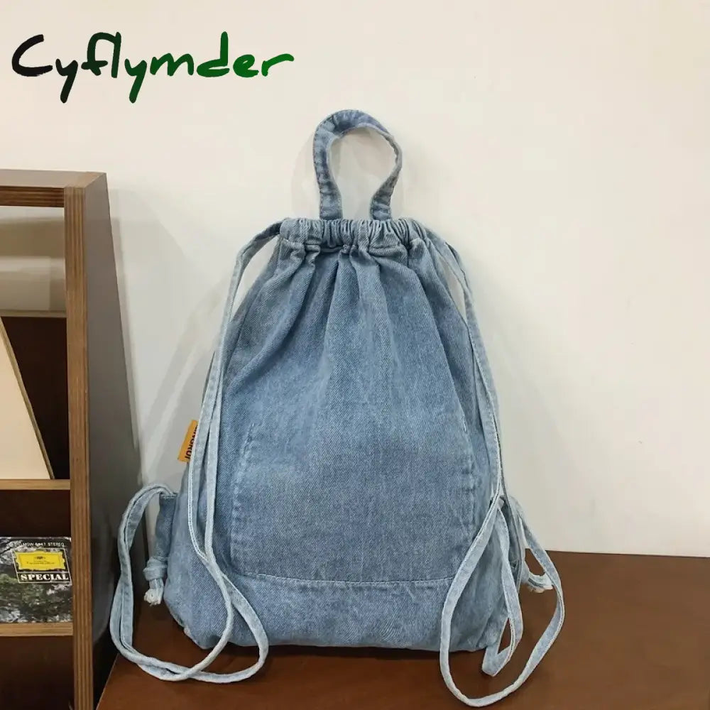 Cyflymder Mochila Washed Drawstring Canvas Bag for Women’s Retro Fashion Travel Backpack Unisex Solid Color Denim