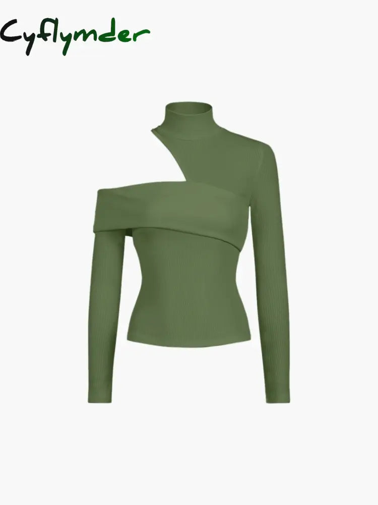 Cyflymder - Mockneck Oblique Cutout Rib Long Sleeve Knit Top Armygreen / Xs T-Shirts