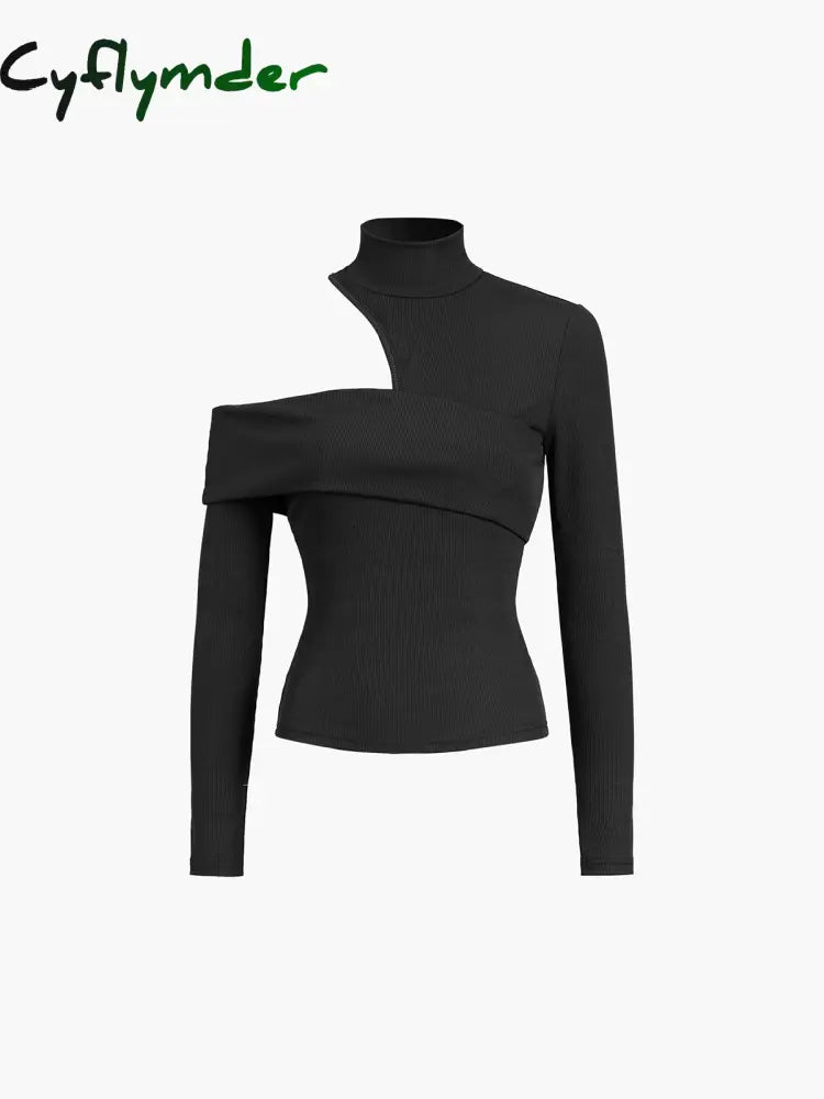 Cyflymder - Mockneck Oblique Cutout Rib Long Sleeve Knit Top Black / Xs T-Shirts