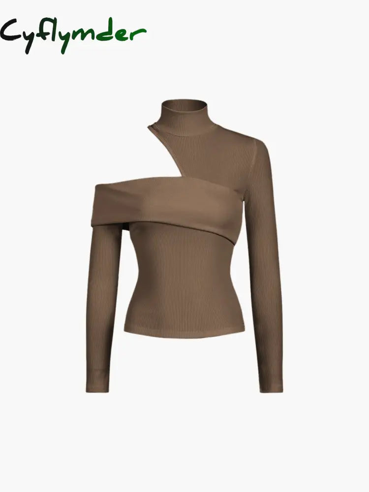 Cyflymder - Mockneck Oblique Cutout Rib Long Sleeve Knit Top Brown / Xs T-Shirts
