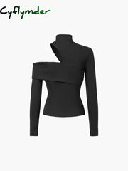 Cyflymder - Mockneck Oblique Cutout Rib Long Sleeve Knit Top T-Shirts