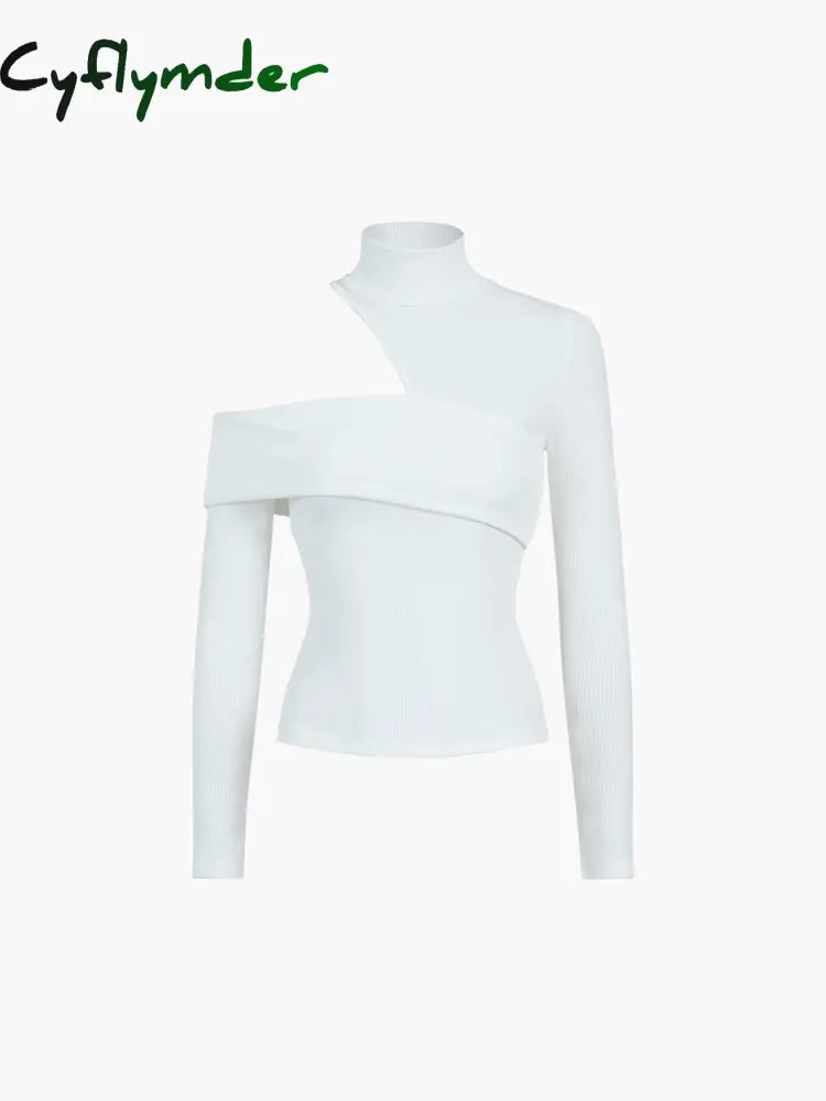 Cyflymder - Mockneck Oblique Cutout Rib Long Sleeve Knit Top T-Shirts