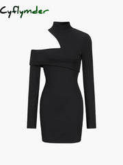 Cyflymder - Mockneck Oblique Cutout Rib Long Sleeve Short Dress Dresses