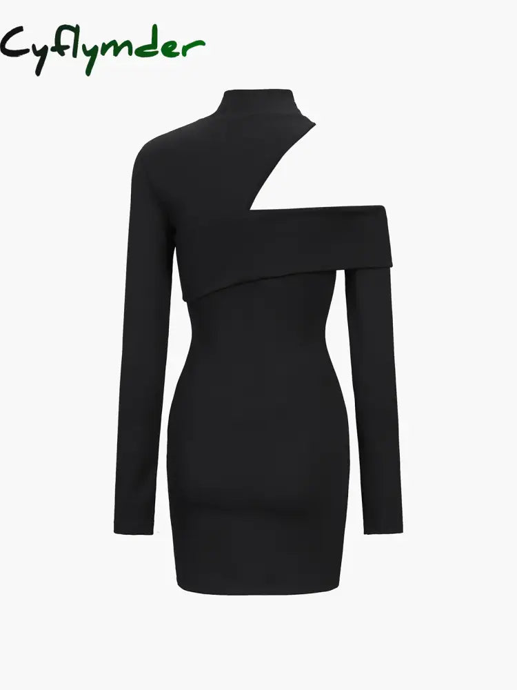 Cyflymder - Mockneck Oblique Cutout Rib Long Sleeve Short Dress Dresses