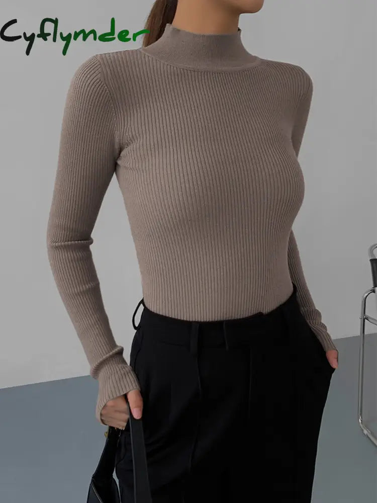 Cyflymder - Mockneck Rib Long Sleeve Knit Top Khaki / Xs Tops