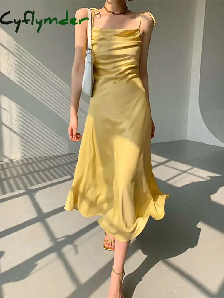 Cyflymder - Moving Feast Cowl Neck Satin Midi Dress Yellow / S Dresses