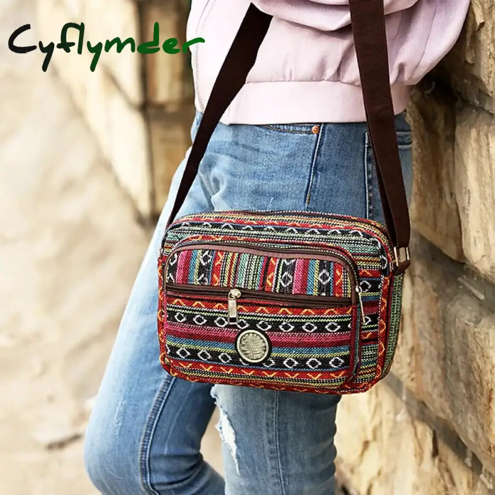 Cyflymder Multi Layer Messenger Bag Women Striped Canvas Single Woman Mobile Phone Crossbody Nylon