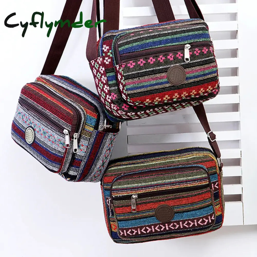 Cyflymder Multi Layer Messenger Bag Women Striped Canvas Single Woman Mobile Phone Crossbody Nylon