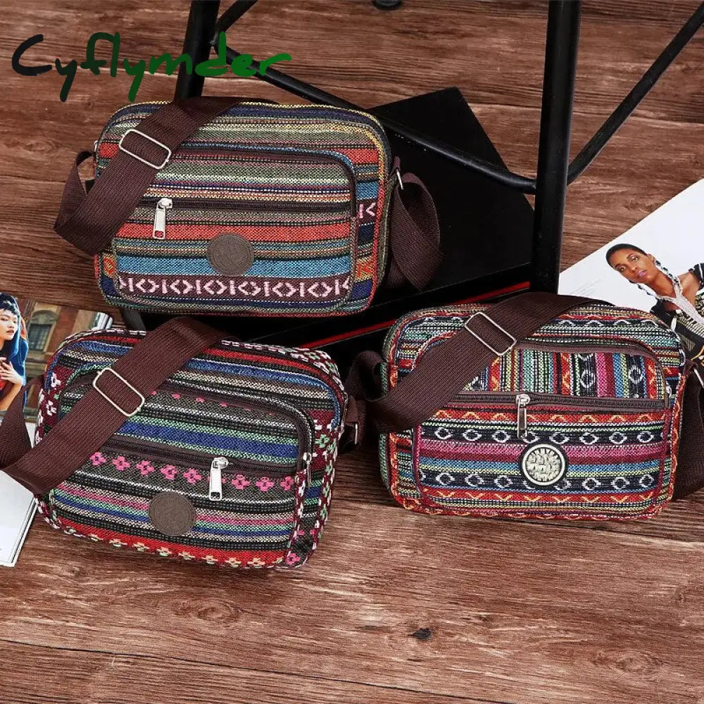 Cyflymder Multi Layer Messenger Bag Women Striped Canvas Single Woman Mobile Phone Crossbody Nylon