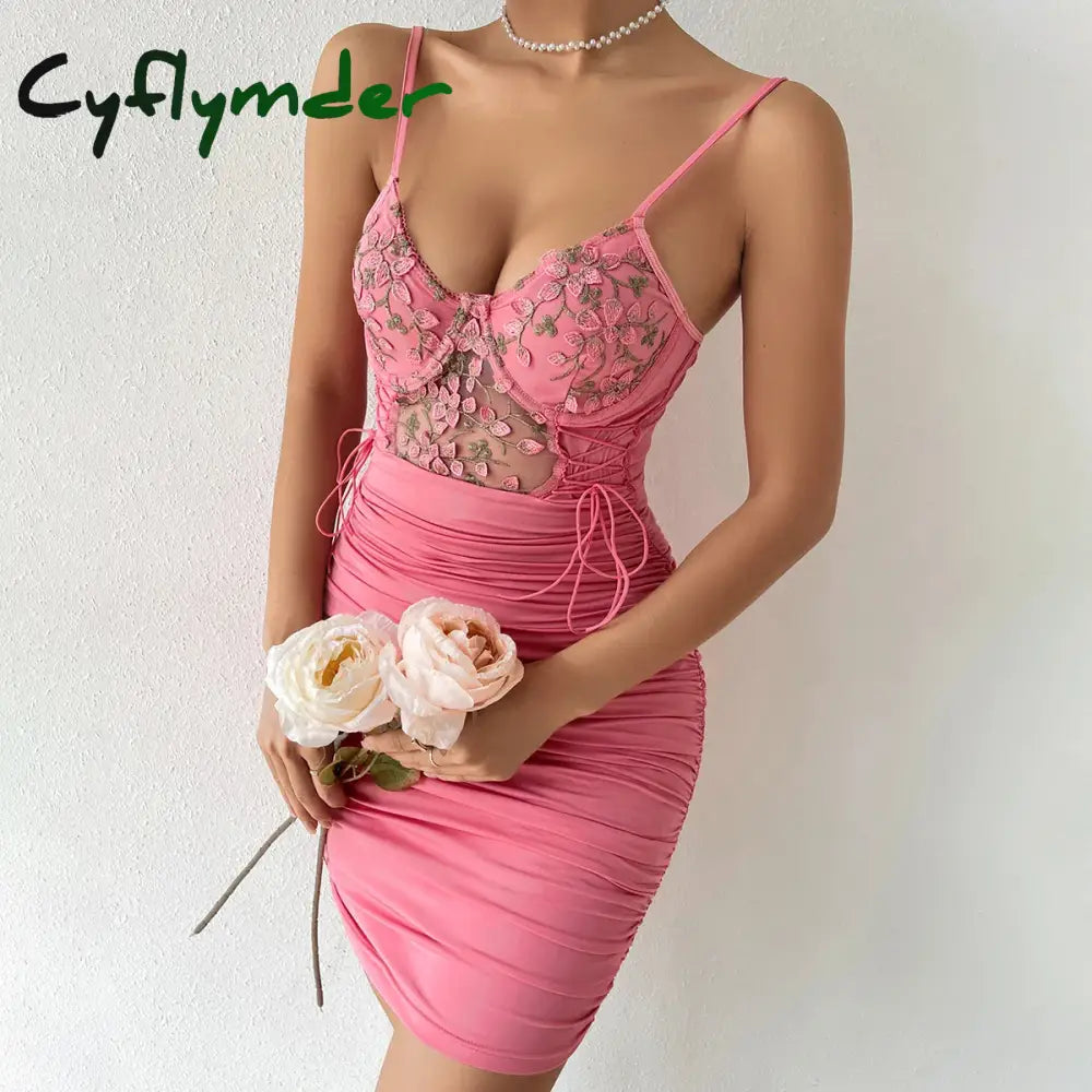 Cyflymder New Arrivals Hollowing Mesh See Through Halter Embroidery Slim Crop Dresses Sexy Club