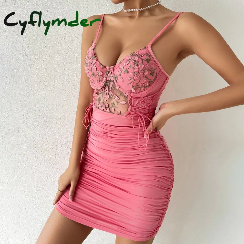 Cyflymder New Arrivals Hollowing Mesh See Through Halter Embroidery Slim Crop Dresses Sexy Club