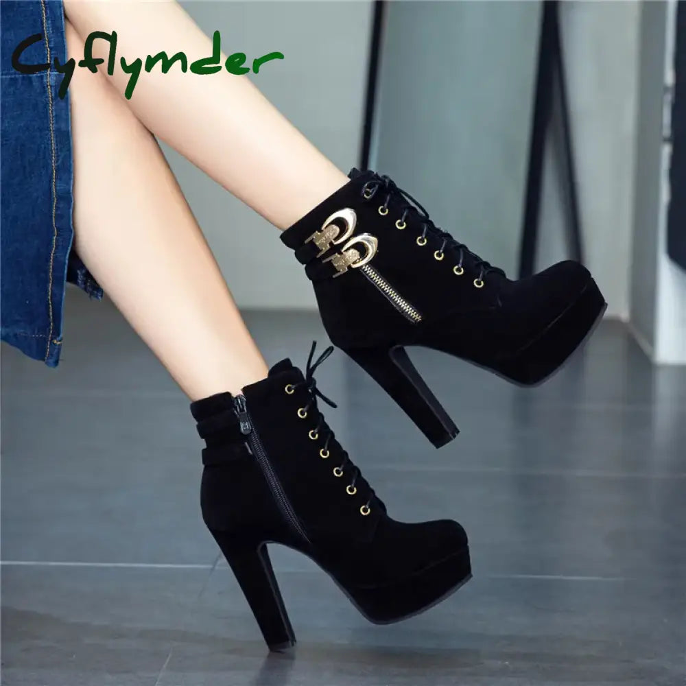Cyflymder New Autumn Ankle Boots for Women Platform High Heels Shoes Woman Buckle Short Booties Casual Faux Suede