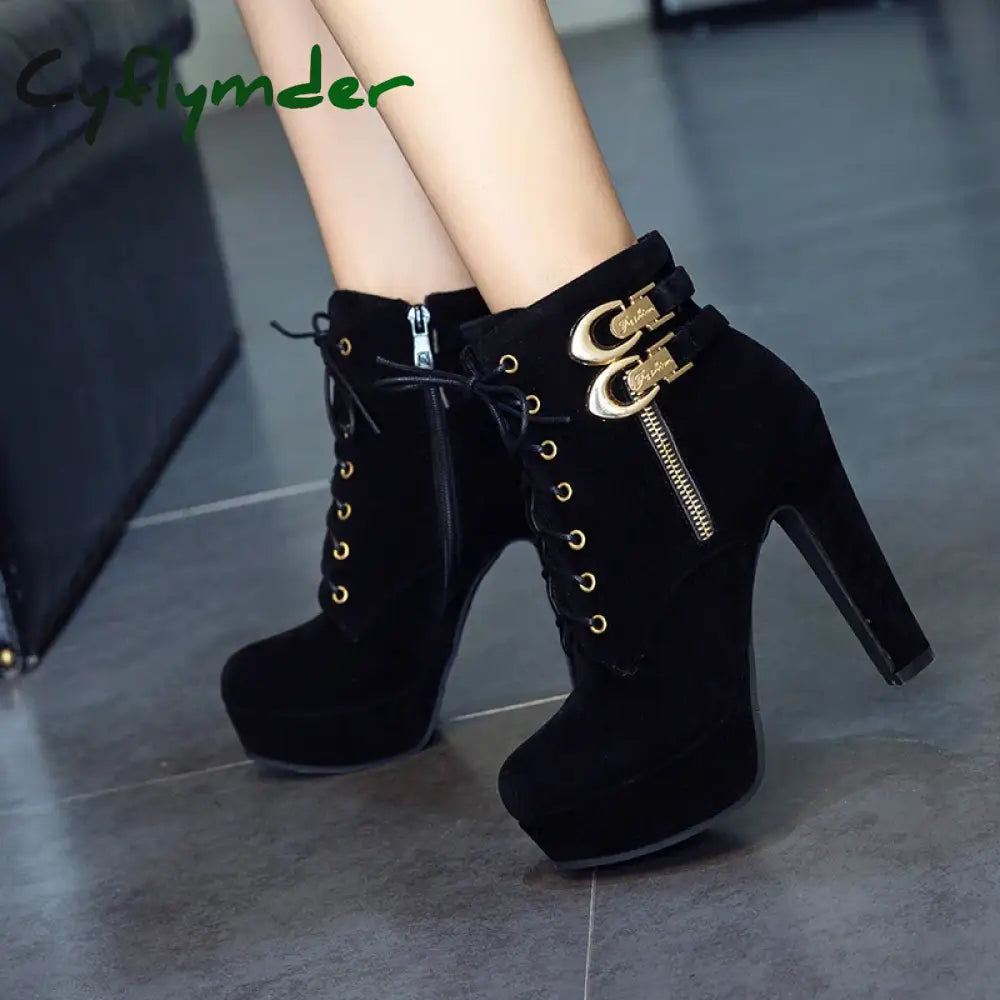 Cyflymder New Autumn Ankle Boots for Women Platform High Heels Shoes Woman Buckle Short Booties Casual Faux Suede