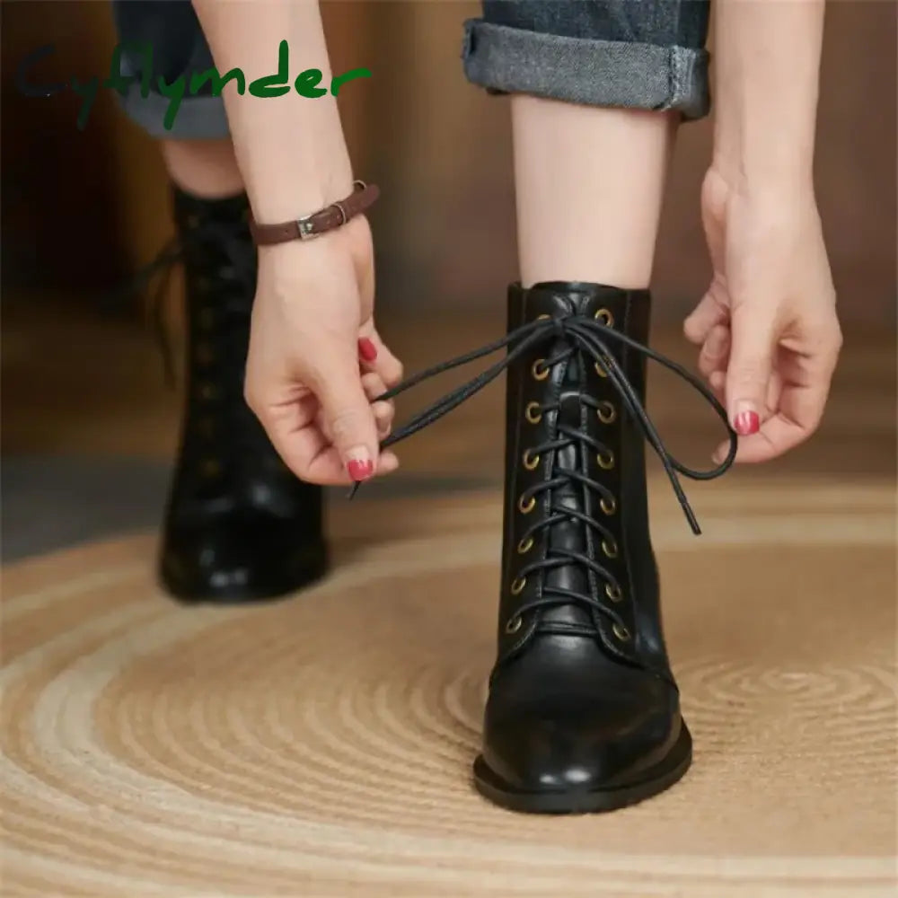 Cyflymder New Autumn/Winter Split Leather Women Boots Round Toe Chunky Heels For Short Zapatos