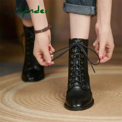 Cyflymder New Autumn/Winter Split Leather Women Boots Round Toe Chunky Heels For Short Zapatos