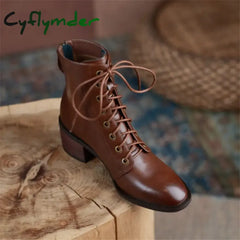 Cyflymder New Autumn/Winter Split Leather Women Boots Round Toe Chunky Heels For Short Zapatos
