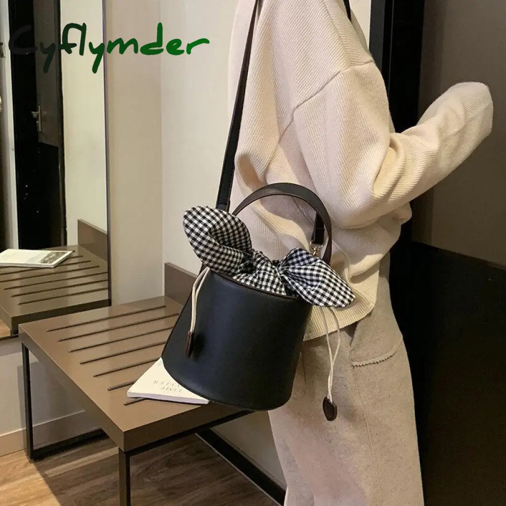 Cyflymder New Bucket Bag Plaid Bow Women Pu Leather Handbag Famous Designer Crossbody Quilted