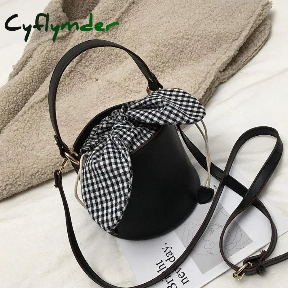 Cyflymder New Bucket Bag Plaid Bow Women Pu Leather Handbag Famous Designer Crossbody Quilted