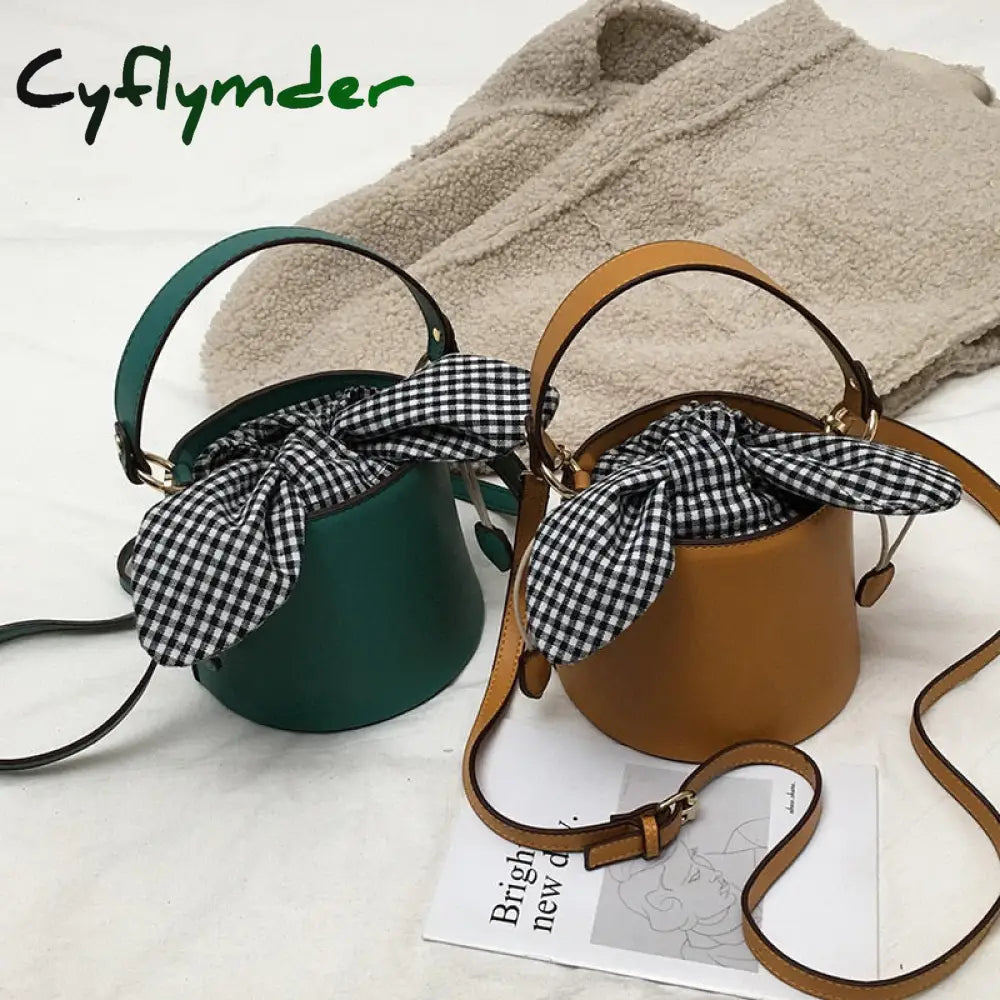 Cyflymder New Bucket Bag Plaid Bow Women Pu Leather Handbag Famous Designer Crossbody Quilted