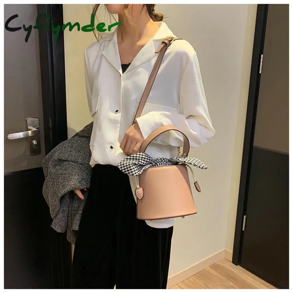 Cyflymder New Bucket Bag Plaid Bow Women Pu Leather Handbag Famous Designer Crossbody Quilted