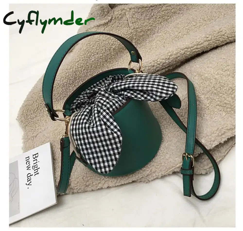 Cyflymder New Bucket Bag Plaid Bow Women Pu Leather Handbag Famous Designer Crossbody Quilted