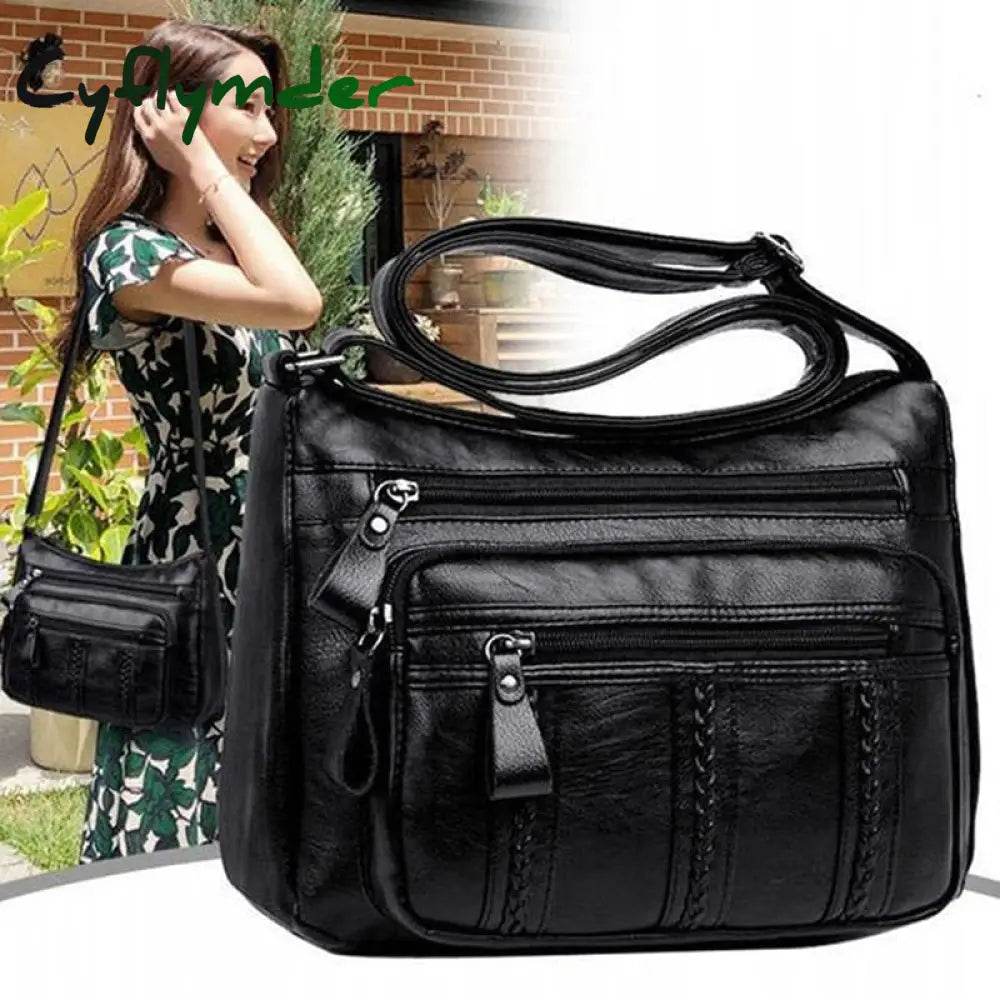 Cyflymder New Casual Female Bag Soft Pu Leather Shoulder High-Quality Multi-Pocket Solid Color