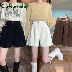 Cyflymder New Corduroy Women’s Cargo Shorts Autumn Winter High Waist Wide Leg Shorts Casual Vintage Female Trousers