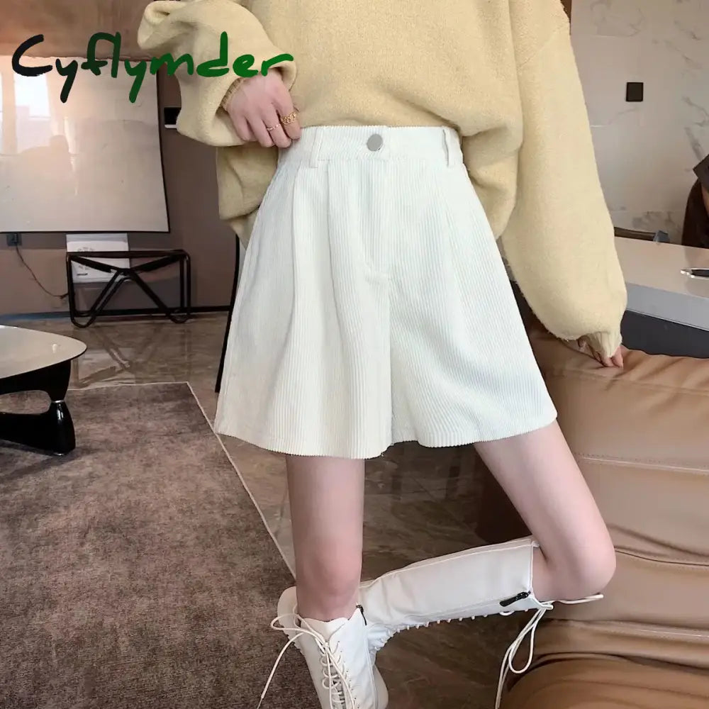 Cyflymder New Corduroy Women’s Cargo Shorts Autumn Winter High Waist Wide Leg Shorts Casual Vintage Female Trousers