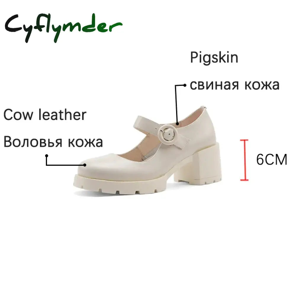Cyflymder New Cow Leather Mary Jane Women’s Shoes Leisure Buckle Platform Shallow Pumps Round Toe