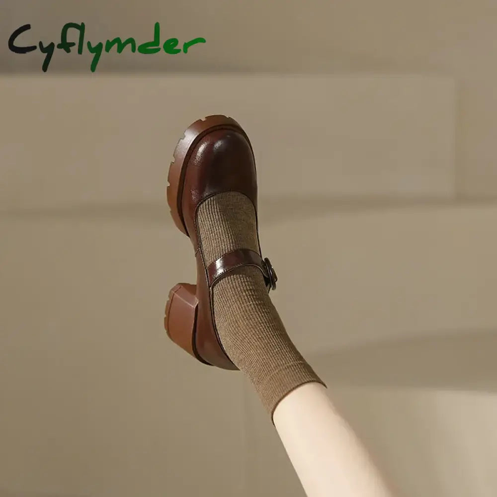 Cyflymder New Cow Leather Mary Jane Women’s Shoes Leisure Buckle Platform Shallow Pumps Round Toe