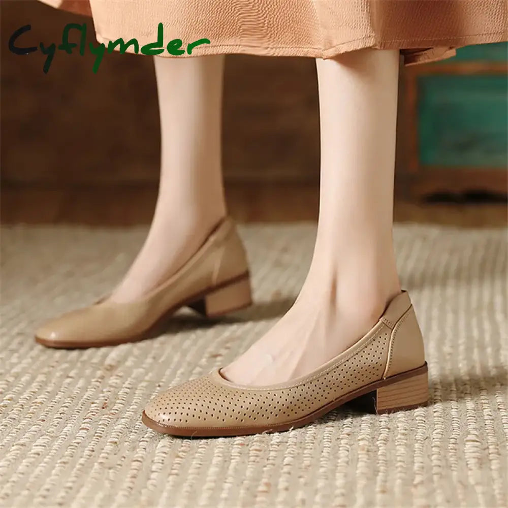 Cyflymder New Fashion Hollow Out Women Pumps Square Toe Summer Shoes Chunky Heels Genuine Leather