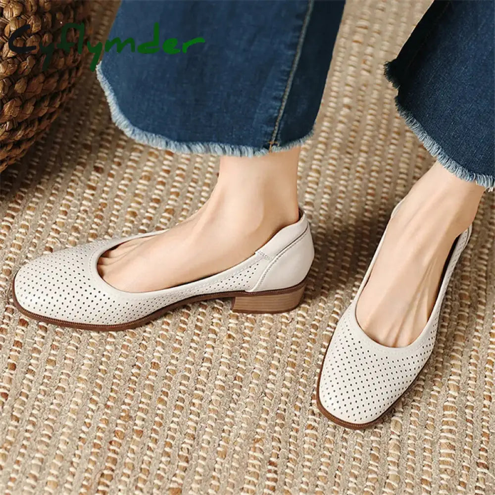 Cyflymder New Fashion Hollow Out Women Pumps Square Toe Summer Shoes Chunky Heels Genuine Leather