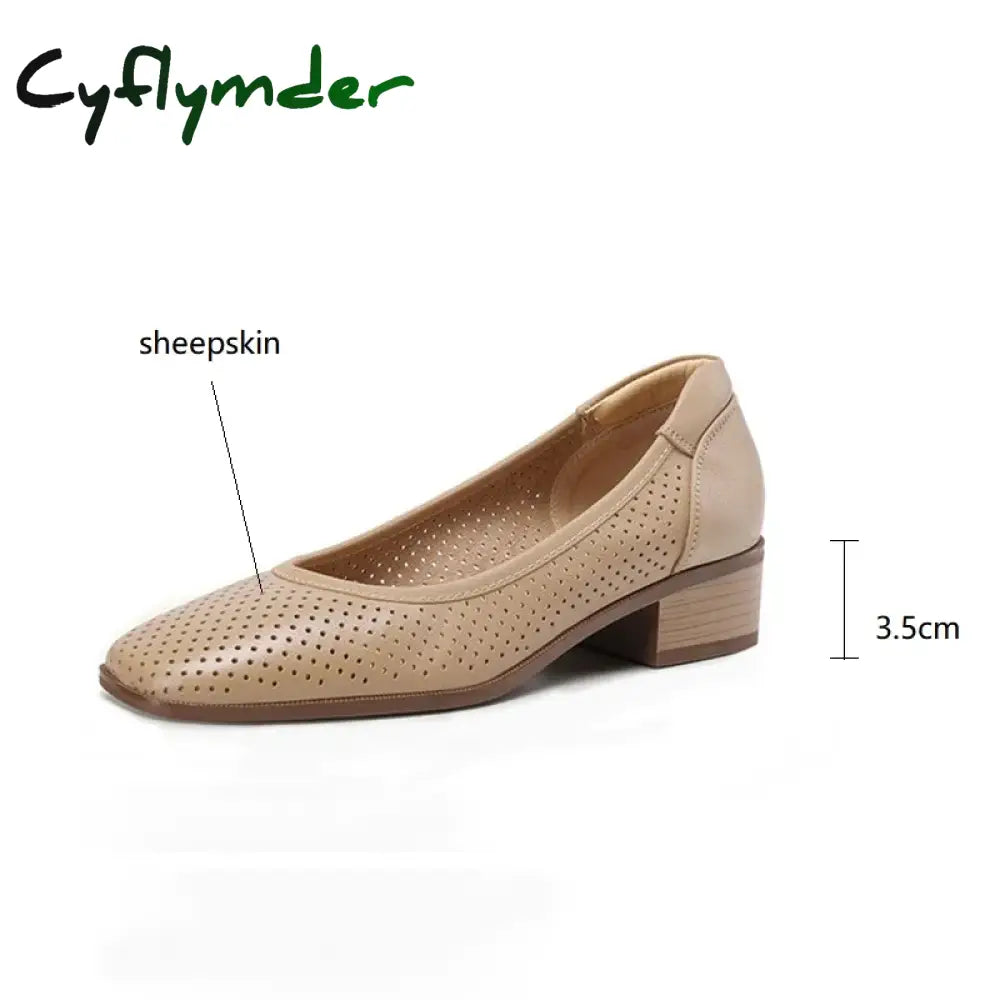 Cyflymder New Fashion Hollow Out Women Pumps Square Toe Summer Shoes Chunky Heels Genuine Leather