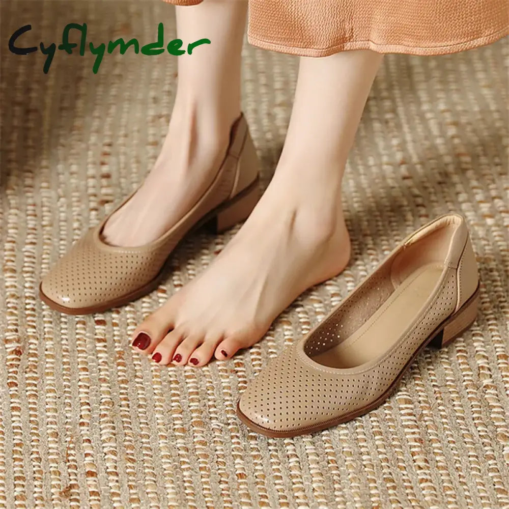 New Fashion Hollow Out Women Pumps Square Toe Summer Shoes Chunky Heels Genuine Leather Shoes for Women Handmade Loafers