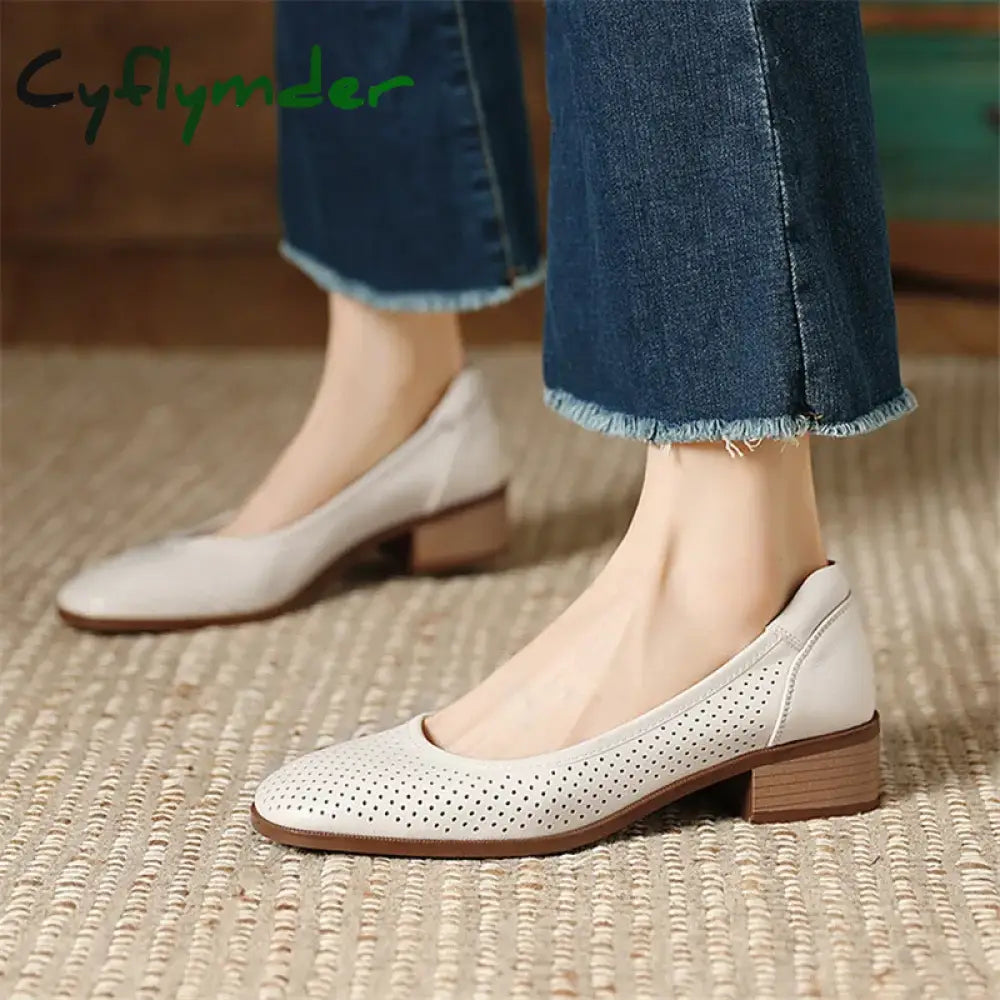 Cyflymder New Fashion Hollow Out Women Pumps Square Toe Summer Shoes Chunky Heels Genuine Leather