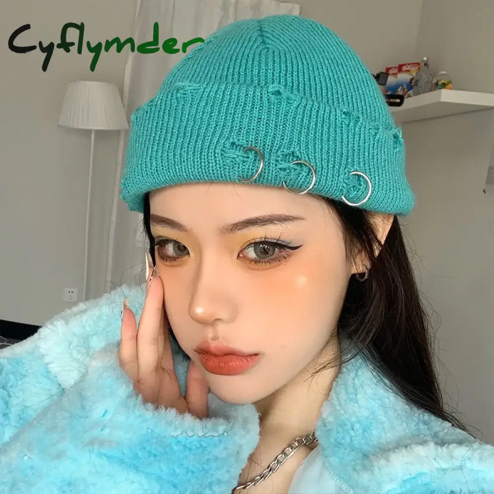 Cyflymder New Fashion Knitted Hat Punk Hip Hop Beanies for Men Women Metal Pin Ring Brimless Melon Cap Winter Warm