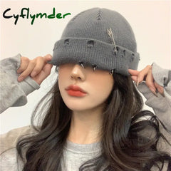 Cyflymder New Fashion Knitted Hat Punk Hip Hop Beanies for Men Women Metal Pin Ring Brimless Melon Cap Winter Warm