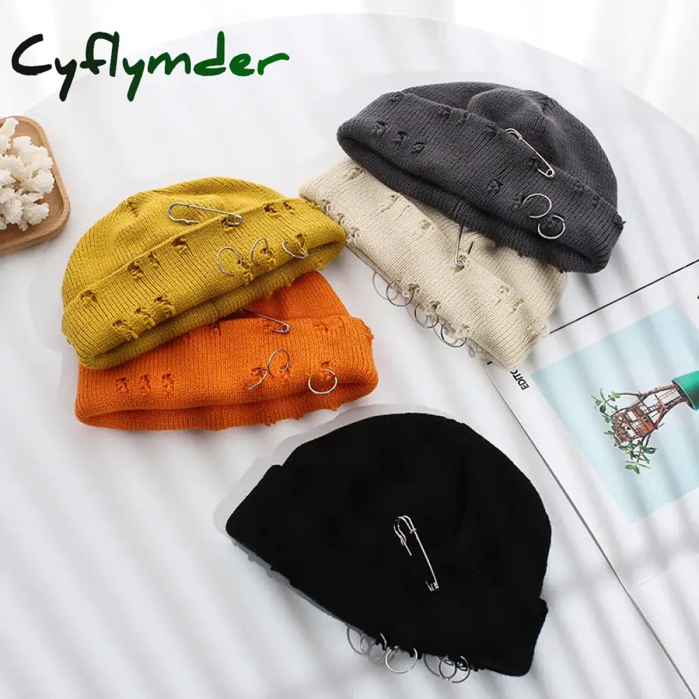 Cyflymder New Fashion Knitted Hat Punk Hip Hop Beanies for Men Women Metal Pin Ring Brimless Melon Cap Winter Warm