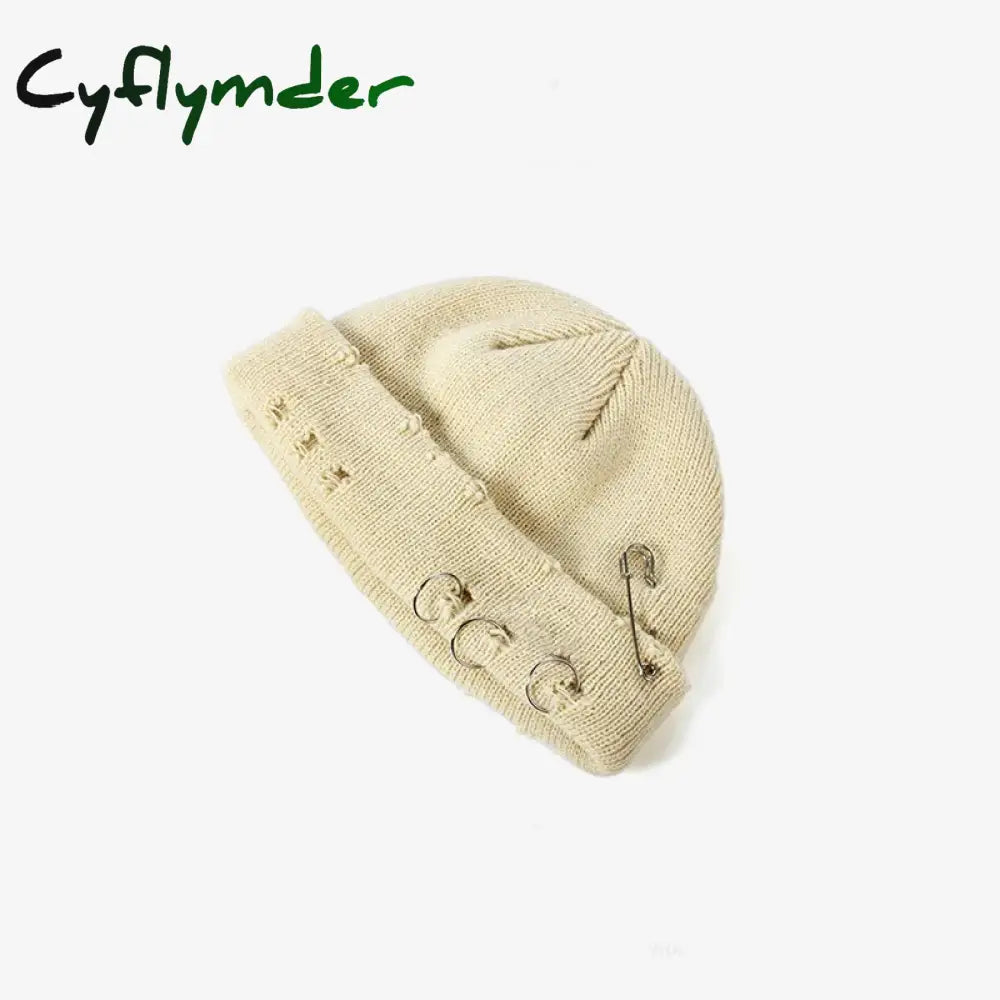 Cyflymder New Fashion Knitted Hat Punk Hip Hop Beanies for Men Women Metal Pin Ring Brimless Melon Cap Winter Warm